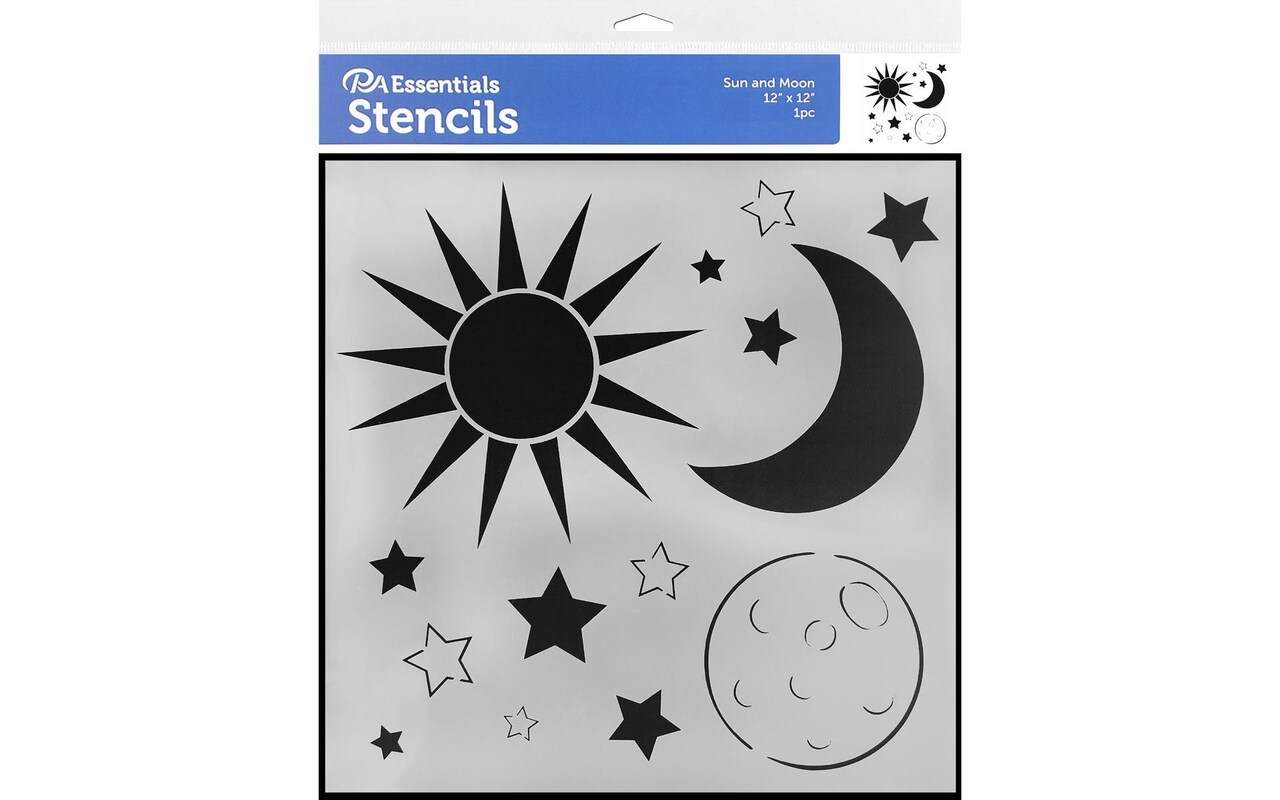 PA Essentials Stencil Sun and Moon for Painting on Wood, Canvas, Paper, Fabric, Wall and Tile, Reusable DIY Art and Craft Stencils for Painting, 12"x12" Inches